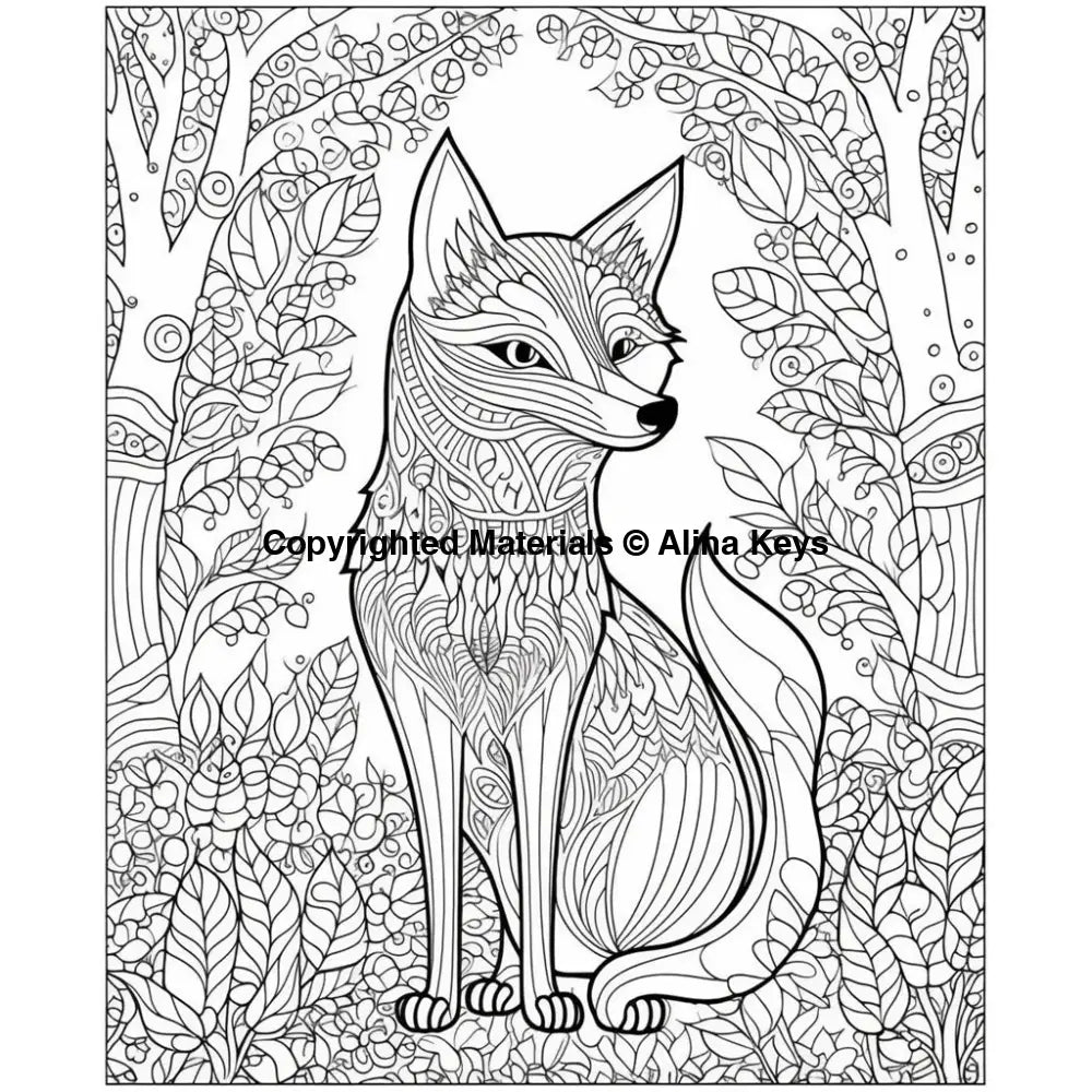 intricately patterned forest fox coloring pages