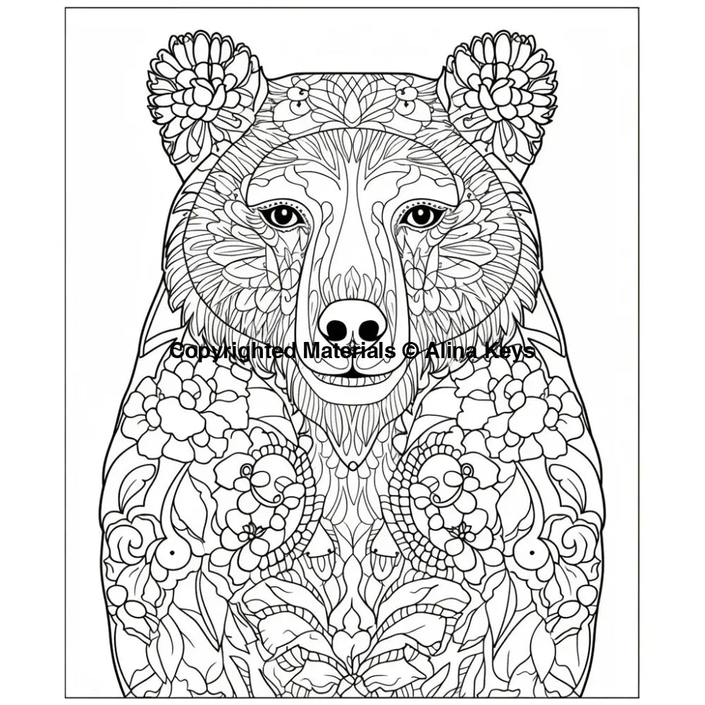 intricately floral decorated bear coloring pages