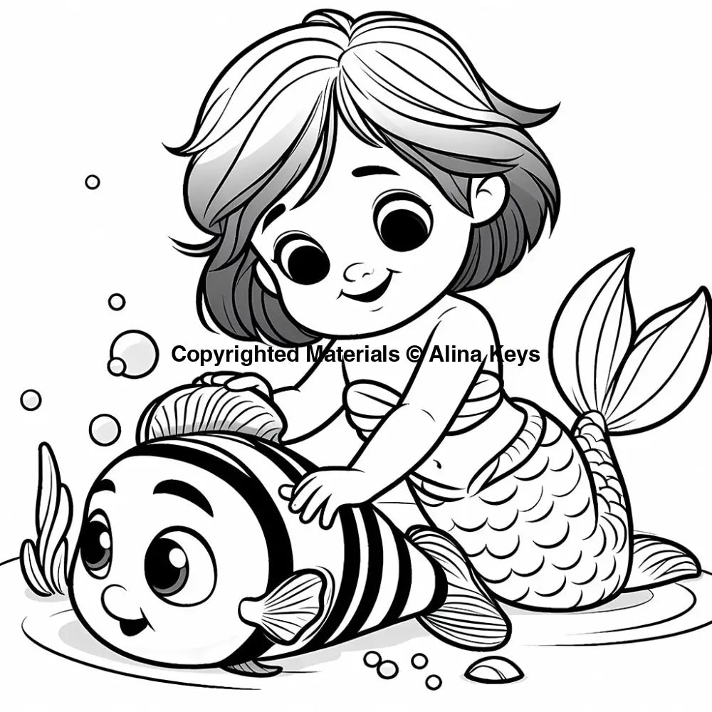 ocean mermaid with large fish coloring pages