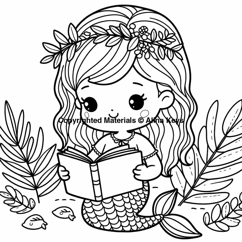 cute mermaid reading book coloring pages