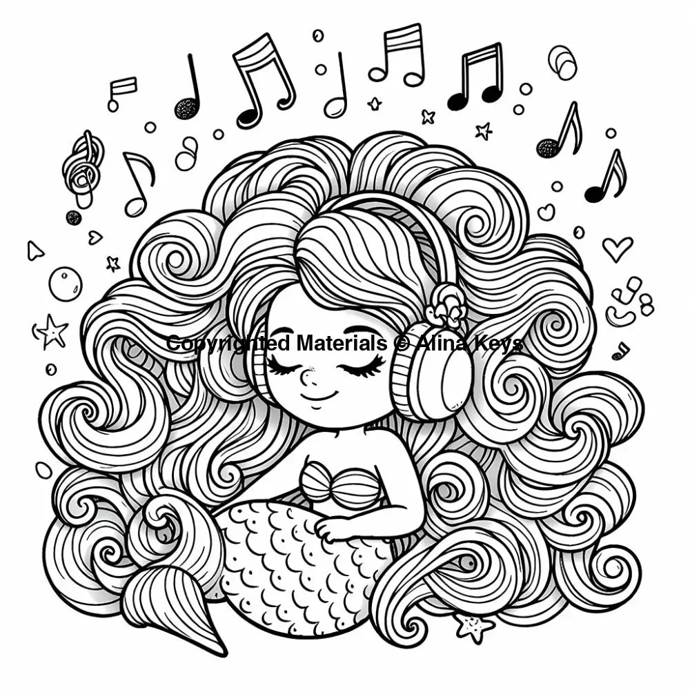 curly hair mermaid enjoying music coloring pages