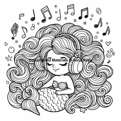 curly hair mermaid enjoying music coloring pages