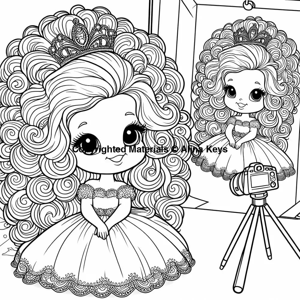 curly hair princess taking picture coloring image
