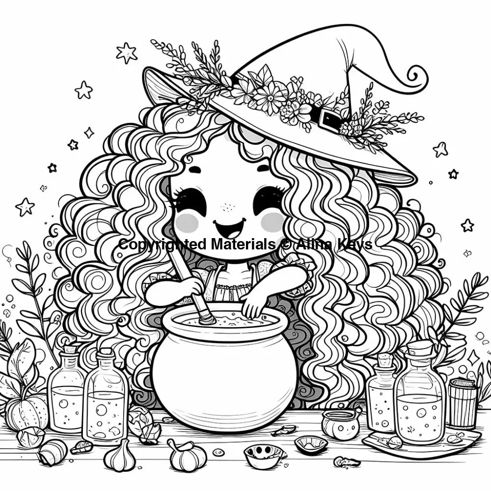 young curly hair witch coloring pages