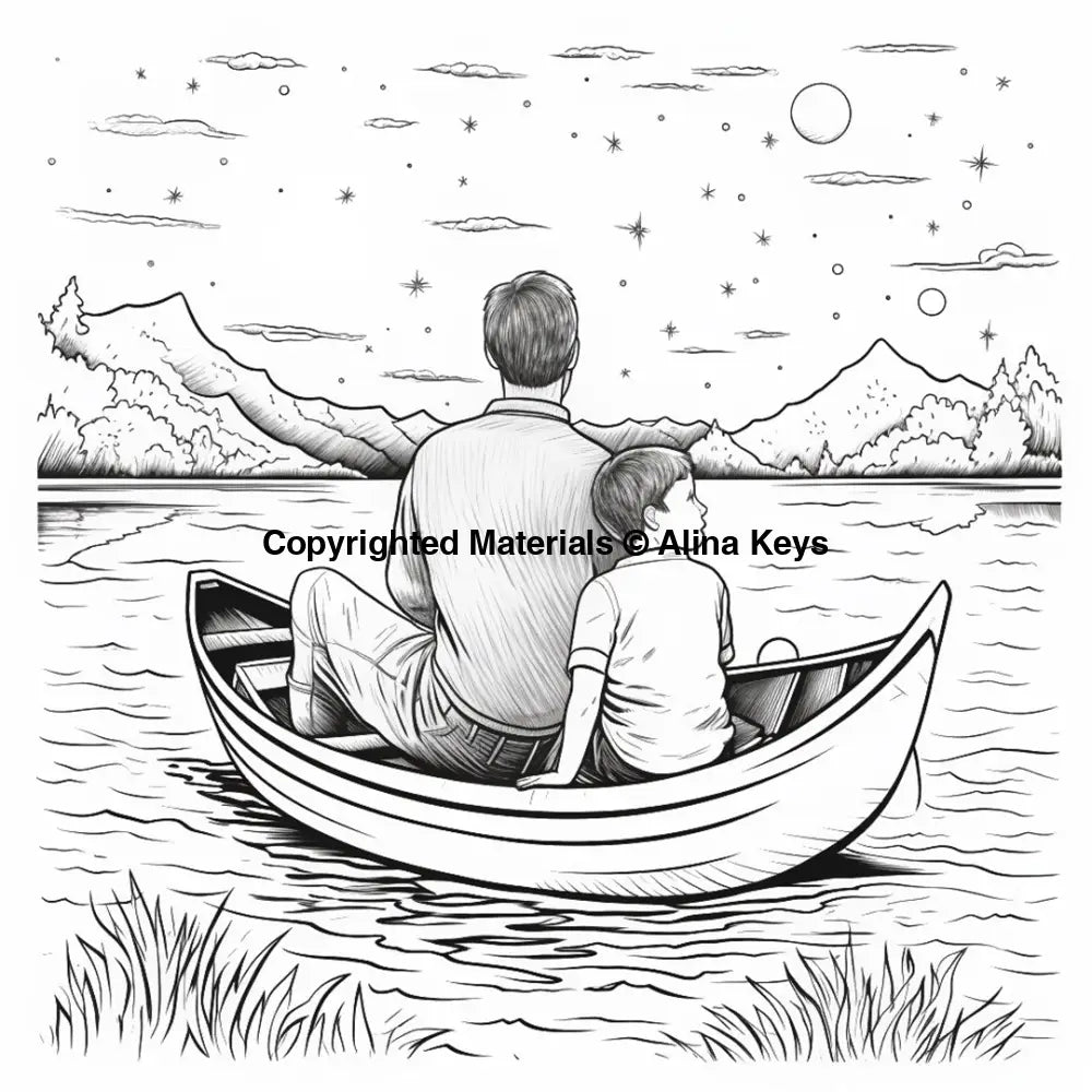father son sitting on boat coloring page