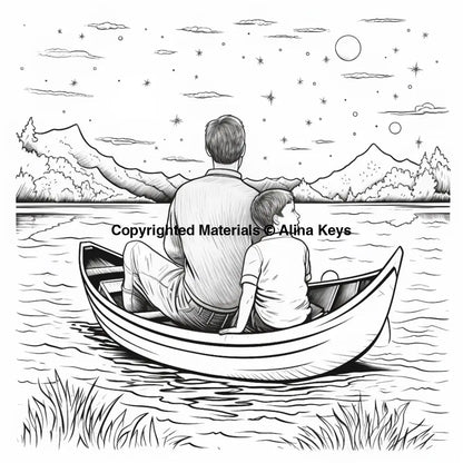 father son sitting on boat coloring page
