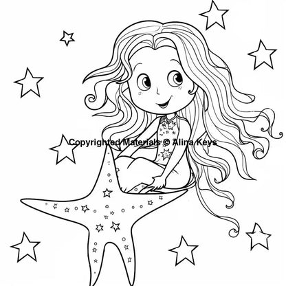 cute girl sitting on star coloring pages kids