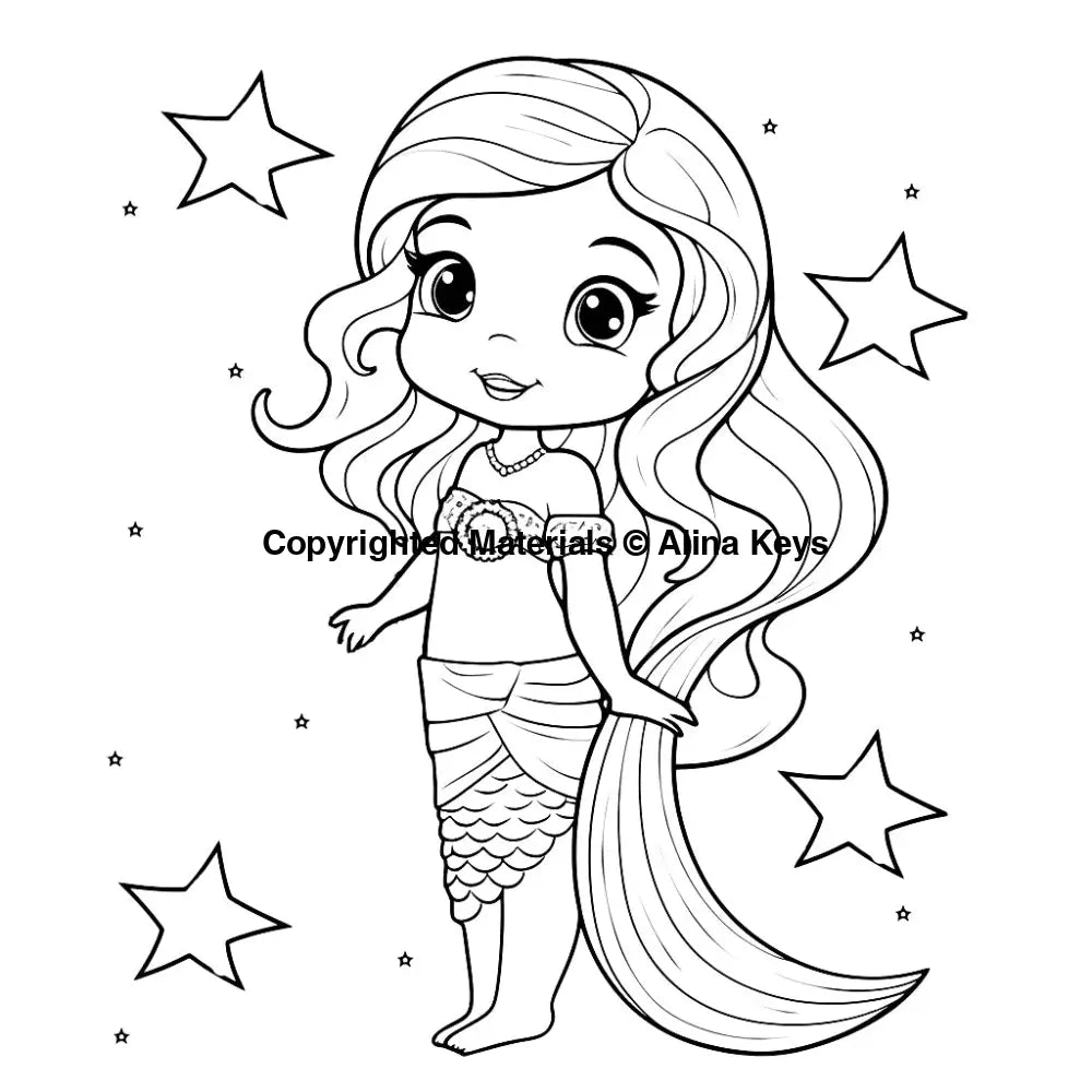 mermaid girl with stars coloring pages
