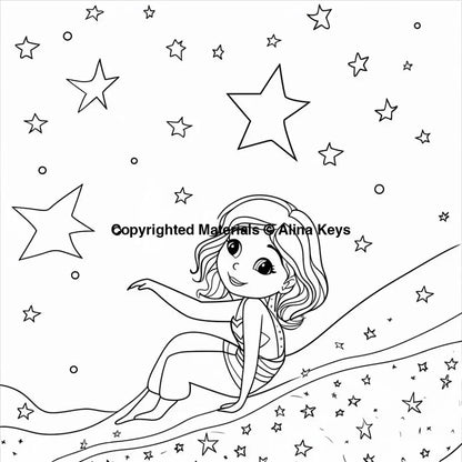 girl around stars with night sky coloring pages